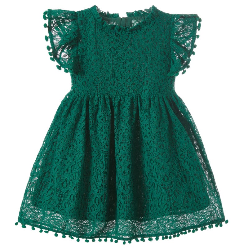 Niyage Toddler Girls Elegant Lace Pom Pom Flutter Sleeve Party Princess Dress Dark Green 130 - Image 1